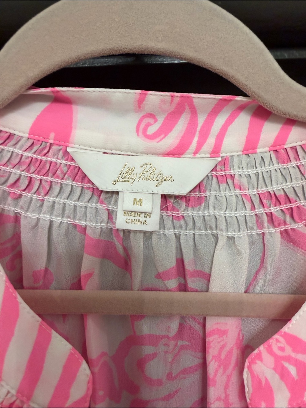 Lilly Pulitzer Silk Pink & White Floral Smocked Neck Blouse - Picture 3 of 4